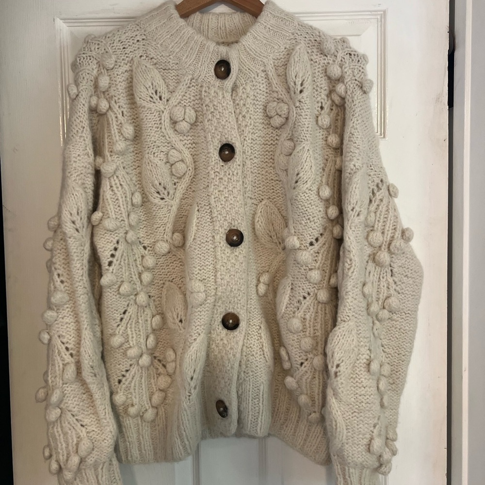 Doen Skye Cardigan | Alpaca wool cable knit Pom Pom sweater